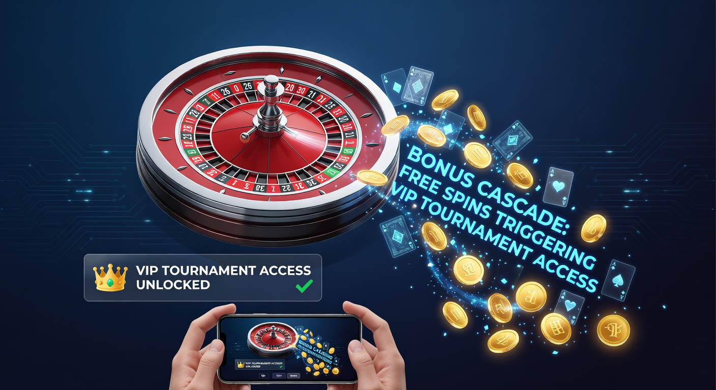 Smartphone mit Mobile Roulette App, die eine kaskadierende Bonus-Sequenz mit Free Spins und VIP-Turnier-Icon zeigt
