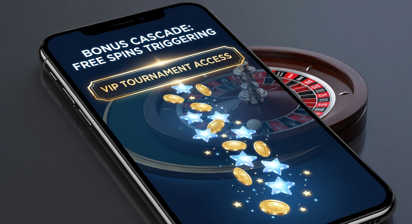 Grafik einer Bonus-Kaskade mit Free-Spins-Symbolen, die zu einem VIP-Turnier-Leaderboard überleiten, auf einem Tablet-Display