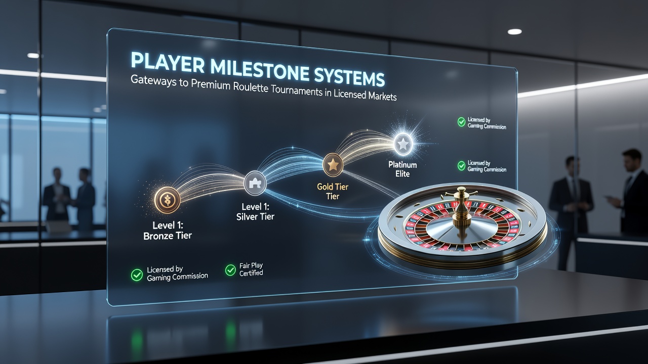 Visualisierung von Turnierzugängen mit Meilensteinfortschritt und Live-Roulette-Tischen in einem lizenzierten Umfeld