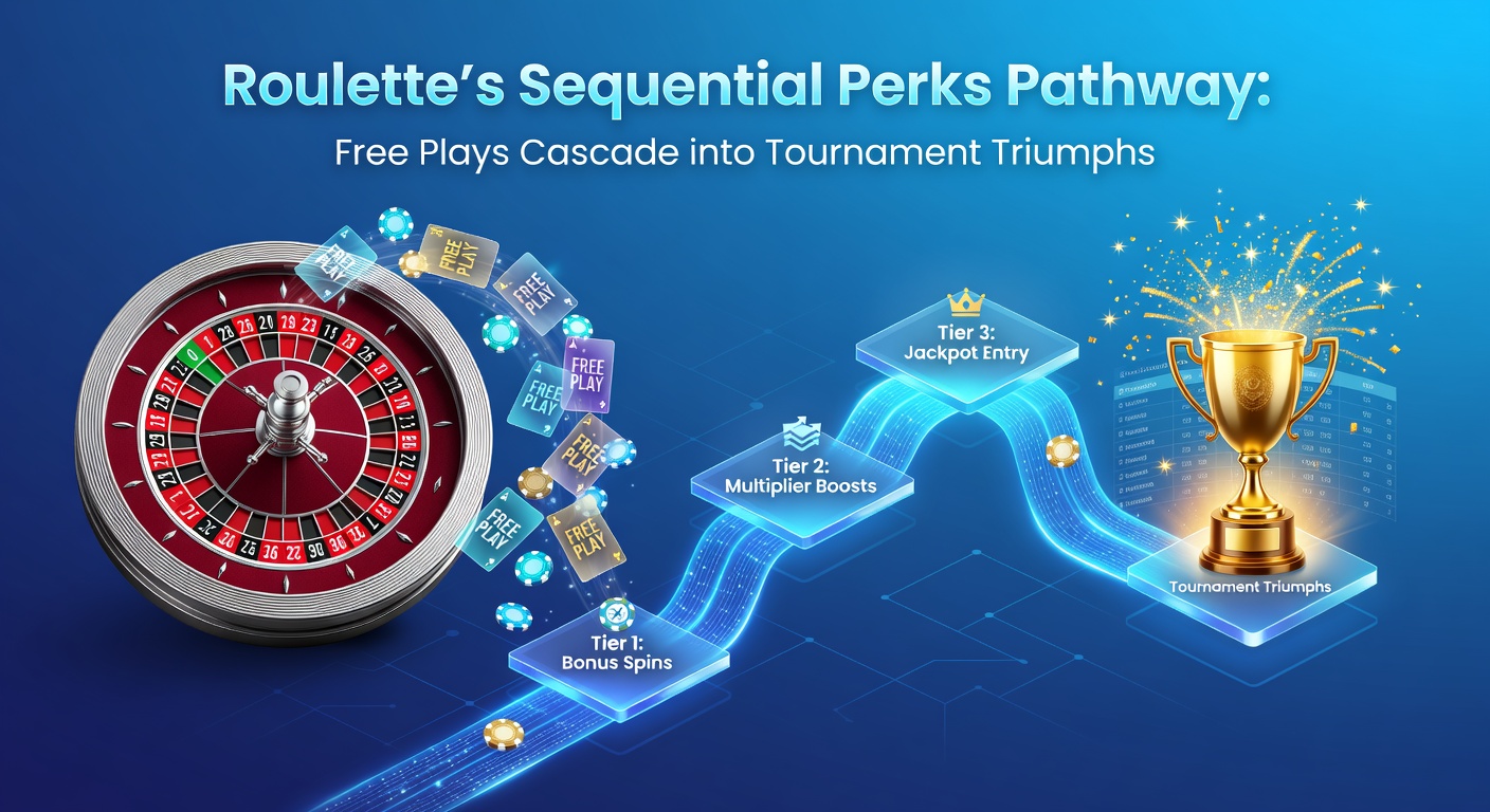 Grafik zeigt eine Kaskade von Free Plays, die in Roulette-Turniere übergehen, mit steigenden Boni-Stufen und Leaderboards