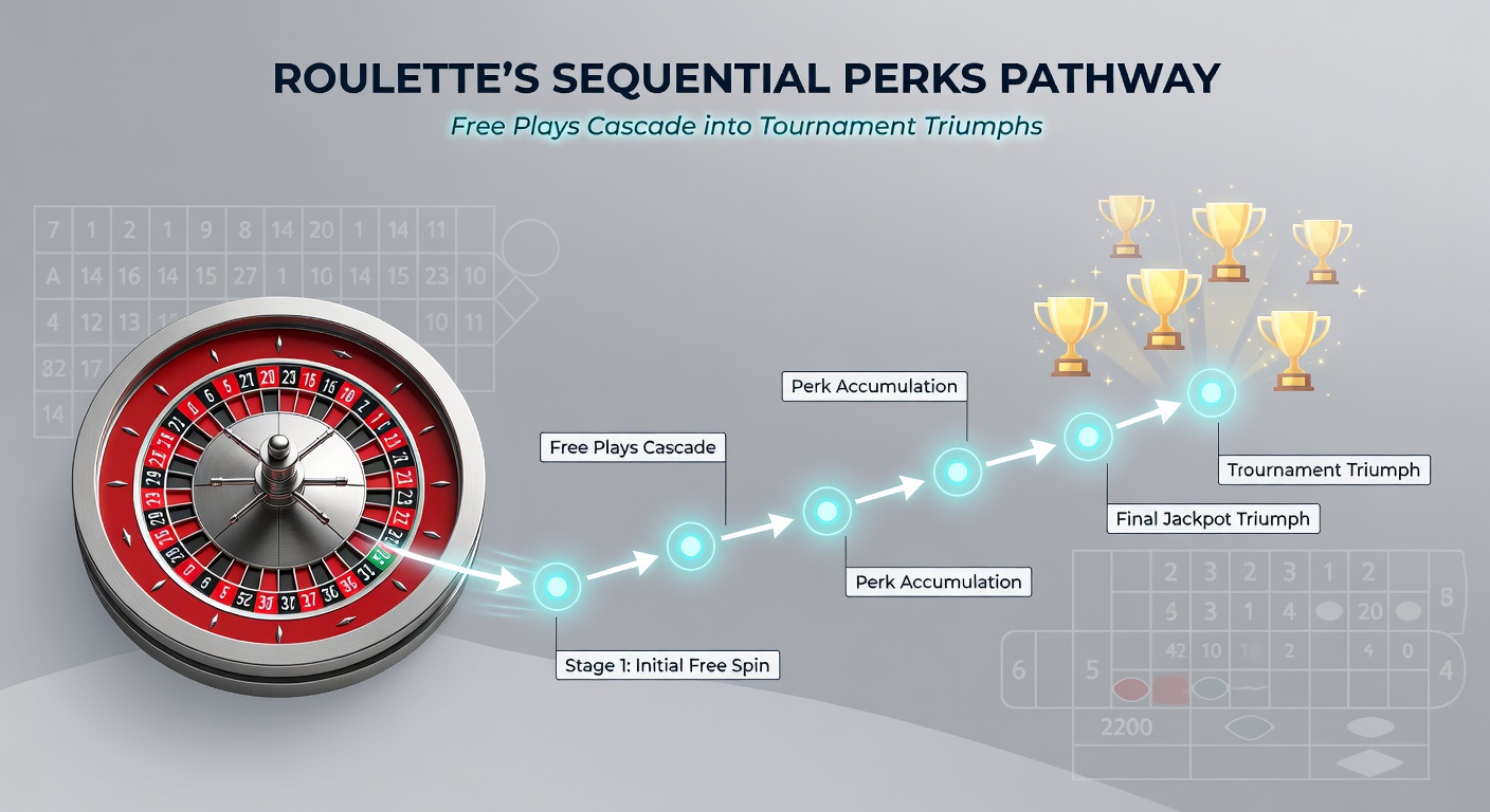 Detaillierte Infografik einer Roulette-Perks-Kaskade, die Free Plays, Boni-Stufen und Turnier-Leaderboards verbindet