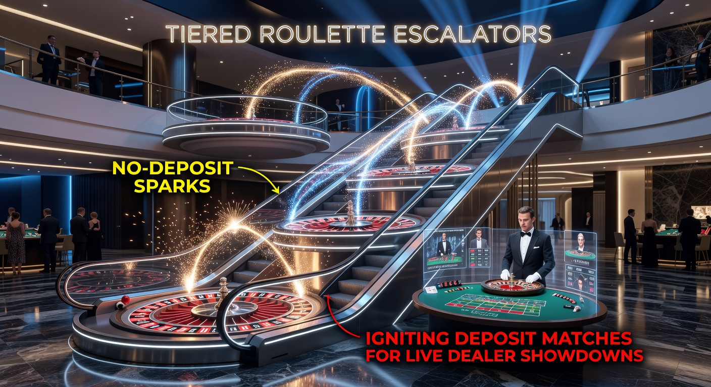 Grafik zeigt eine Eskalator-Stufenleiter mit Roulette-Rad und Bonus-Symbolen, die von No-Deposit zu Live-Dealer-Action aufsteigen