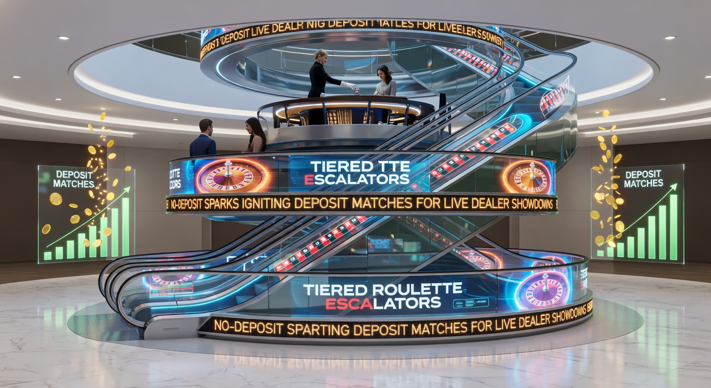Detaillierte Darstellung eines Live-Dealer-Roulette-Tisches mit Bonus-Match-Überlagerungen und Eskalator-Stufen